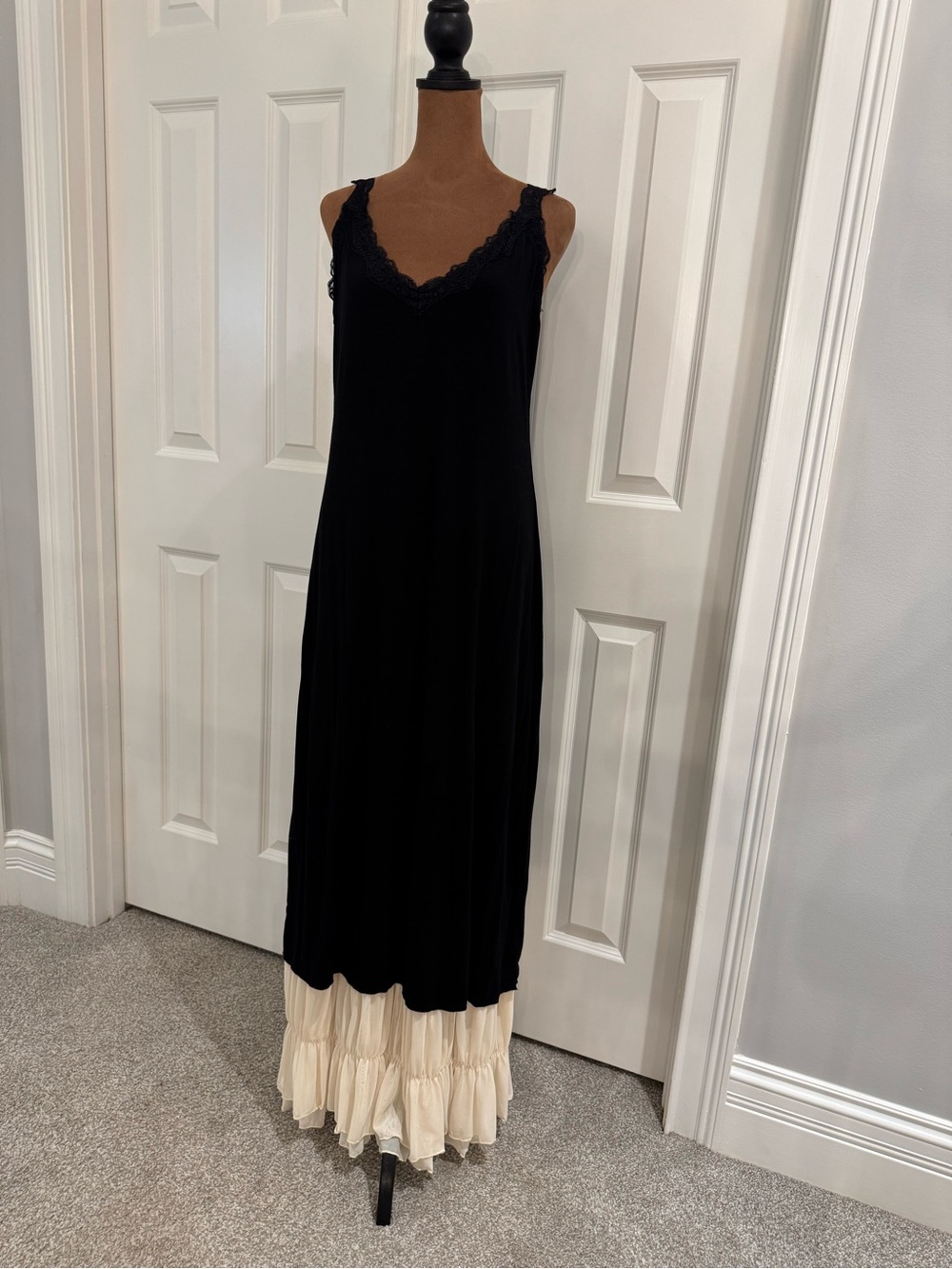Black Lace-Trim Sleeveless Slip Dress with Cream Ruffle Hem